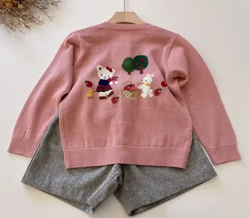 Merginos megztinis Minkštas megzti džemperis Rožinis saldus animacinių filmų siuvinėjimo megzti megztinis kūdikių drabužiai 80% vilnos megztiniai