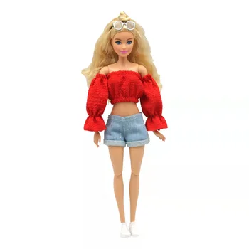 Raudona Sluoksniuotos Rankovėmis Marškinėliai 30cm Lėlės Komplektai Barbie Princesė Drabužius Barbie Lėlės Drabužiai 1/6 Lėlės Priedai Viršuje Šortai Žaislas