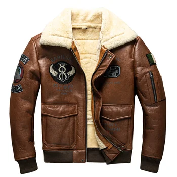 Tamsiai Ruda, Žiemos Vyrų Shearling Jacket Karinis Stilius Plius Dydis 5XL Natūralaus Avikailio Šilto Oro Pajėgų natūralios Odos Paltai